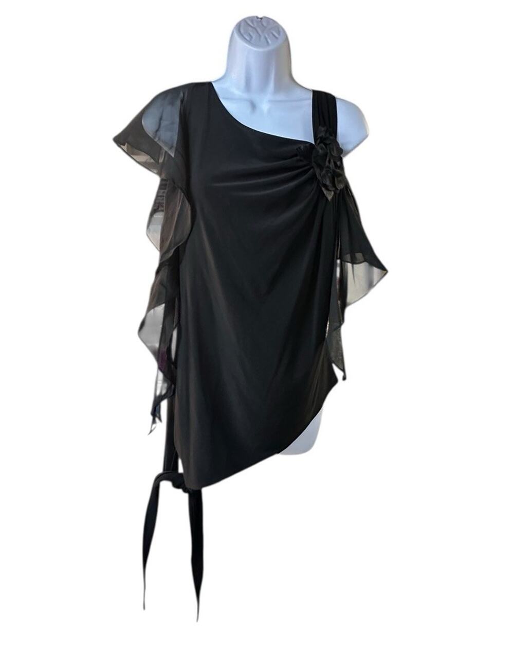 Georgiou Studio Black Drape Sheer Overlay Asymmetrical Top One Shoulder Sz 12